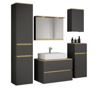 Ensemble de meuble-lavabo 6 pièces comprenant vasque en céramique, meuble de salle de bain avec 2 tiroirs à fermeture amortie, armoire haute, armoire mi-hauteur, armoire murale, armoire de toilette av