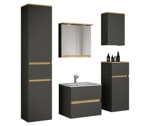 Ensemble de meuble-lavabo 6 pièces comprenant vasque en céramique, meuble de salle de bain avec 2 tiroirs à fermeture amortie, armoire haute, armoire mi-hauteur, armoire murale, armoire de toilette av
