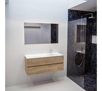 ENSEMBLE DE MEUBLE MONDIAZ VICA - 120cm - 2 tiroirs - lavabo Moon à droite - 1 trou de robinet - solid surface chêne blanchi PC75341198