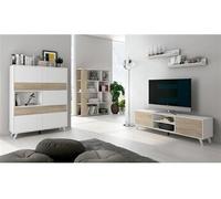 Ensemble de meuble TV et 2 etageres murales + bibliotheque + vitrine coloris blanc, chene - -