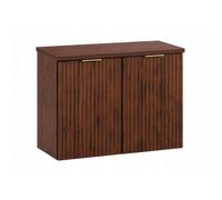 Ensemble de meubles bas avec plan et panier à linge noyer foncé - FURNIDEA - FLOW - 80 cm - Façades rainurées