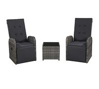 Ensemble de meubles de bistrot 3 pièces avec coussins, rotin PE gris, 2 fauteuils avec dossier réglable et repose-pieds, table basse avec plateau en verre
