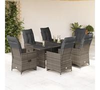 Ensemble de meubles de bistrot 7 pièces avec coussins - Gris rotin - Fauteuils de jardin réglables avec repose-pieds et table avec plateau en verre