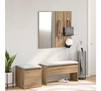 Ensemble de meubles de couloir en chêne artisanal en bois multicouche | Banc avec tiroir, miroir, 2 crochets, conteneur, charge 110 kg