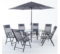 Ensemble de meubles de jardin 8 pièces avec table 150×90 cm, 6 chaises réglables en textilène et parasol Ø270 cm - ensemble moderne, robuste et complet pour la terrasse et le jardin - POSITANO