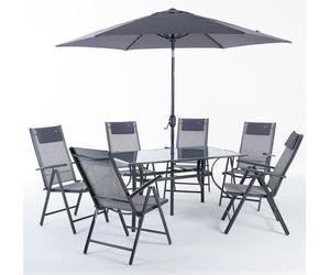Ensemble de meubles de jardin 8 pièces avec table 150×90 cm, 6 chaises réglables en textilène et parasol Ø270 cm - ensemble moderne, robuste et complet pour la terrasse et le jardin - POSITANO