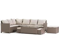 Ensemble de meubles de jardin d'angle en poly rotin avec canapé d'angle modulable, table avec verre trempé, 2 poufs intégrés et grand pouf - design moderne, fonctionnel et élégant pour terrasse, jardi