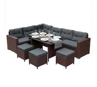 Ensemble de salon de jardin, coin salon en rotin et polyrotin, ensemble de jardin marron, canapé d'angle, pouf, table avec plateau en verre, protection UV, imperméable, coussins d'assise et de dossier