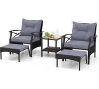Ensemble de meubles de jardin en polyrotin COSTWAY, 5 pièces. Ensemble de balcon avec table, tabouret et 2 chaises avec coussins, meubles de terrasse, ensemble de jardin noir et gris