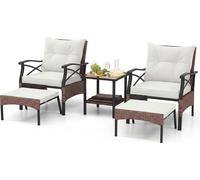 Ensemble de meubles de jardin en polyrotin COSTWAY, 5 pièces. Ensemble de balcon avec table, tabouret et 2 chaises avec coussins, meubles de terrasse, ensemble de jardin marron beige