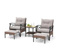 Ensemble de meubles de jardin en rotin COSTWAY 5 pièces, table d'appoint à 2 niveaux, 2 fauteuils avec tabourets, ensemble de jardin pour 2 personnes avec coussins d'assise et de dossier