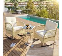 Ensemble de meubles de jardin Merax en rotin 3 pièces avec 2 fauteuils à bascule et table en verre, ensemble d'extérieur pour balcon avec coussins beiges, charge maximale 160 kg
