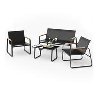 Ensemble de meubles de jardin Mondeer 4 pièces Salon de balcon ou terrasse avec tissu maillé et accoudoirs en bois et plastique Noir