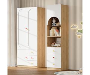[Ensemble de meubles de rangement, comprenant une armoire à deux portes et une étagère, idéal pour une chambre, finition blanche et imitation bois, couleurs : blanc et imitation bois.]