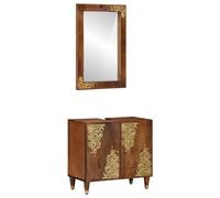 Ensemble De Meubles De Salle De Bain 2 Pièces En Bois De Mangue Massif, Cabinet De Lavabo De Salle De Bain Vidaxl 62x33x58 Cm En Bois Massif De Mangue, Miroir De Salle De Bain Vidaxl 50x70x3 Cm En Boi