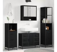 Ensemble de meubles de salle de bain 3 pièces aspect chêne noir | bois, armoire miroir, meuble sous lavabo, poignées de barre, pieds en métal