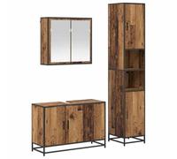 Ensemble de meubles de salle de bain 3 pièces avec miroir en bois | Montage mural, miroir plat, étagères en bois, pieds en métal noir, poignées de barre