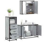 Ensemble de meubles de salle de bain 3 pièces en bois Sonoma gris avec | Matériau en bois résistant à l'humidité, cadre en métal stable, miroir en verre transparent, beaucoup d'espace de rangement