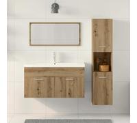 Ensemble de meubles de salle de bain 3 pièces en chêne artisanal aggloméré | Meuble évier 90 cm, miroir 80 cm, armoire haute 130 cm, capacité 60 kg