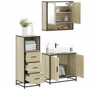 Ensemble de meubles de salle de bain 3 pièces en chêne Sonoma avec cadre en | Matériau en bois résistant à l'humidité, cadre en métal stable, miroir en verre transparent, beaucoup d'espace de rangement