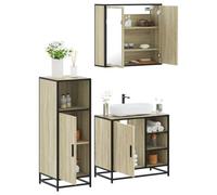 Ensemble de meubles de salle de bain 3 pièces en chêne Sonoma avec meuble | Cadre en métal pour plus de stabilité, matériau en bois résistant à l'humidité, image miroir en verre transparent