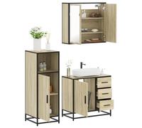 Ensemble de meubles de salle de bain 3 pièces en chêne Sonoma avec meuble | Cadre en métal robuste, surface résistante à l'humidité, grand espace de rangement, miroir en verre transparent