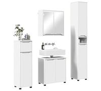 Ensemble de meubles de salle de bain 4 pièces blanc bois multicouche | Avec miroir, 7 portes, 12 étagères, hauteur réglable, pieds bun, nettoyage facile