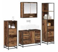 Ensemble de meubles de salle de bain 4 pièces en bois vieilli | Bois multicouche, 12 tiroirs, 3 portes, miroir, lavabo, armoire haute