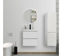 Ensemble de meubles de salle de bain, 50*38,5*52cm, meuble avec vasque + miroir LED rond + meuble colonne 110cm, blanc