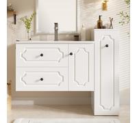 Ensemble de meubles de salle de bain avec lavabo, 107 cm de large, blanc | Armoire à miroir, lavabo en céramique et protection anti-éclaboussures, charnières amortissantes, entièrement pré-montée et