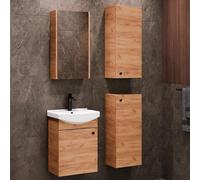 Ensemble de meubles de salle de bain compact, finition or, comprenant un meuble sous vasque, un meuble miroir et deux meubles de taille moyenne