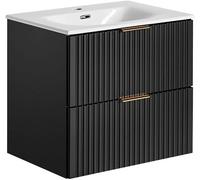 Ensemble de meubles de salle de bain comprenant un meuble-lavabo de 61 cm avec vasque en céramique, un meuble sous-vasque noir mat avec façade à motifs, et un meuble de rangement avec 2 tiroirs à ferm