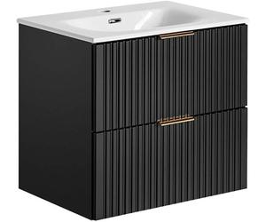 Ensemble de meubles de salle de bain comprenant un meuble-lavabo de 61 cm avec vasque en céramique, un meuble sous-vasque noir mat avec façade à motifs, et un meuble de rangement avec 2 tiroirs à ferm