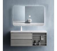 Ensemble de meubles de salle de bain comprenant un meuble vasque avec un meuble sous vasque de 120x46x49 cm, ainsi qu'un lavabo en résine minérale. Installation murale. Finition chêne clair