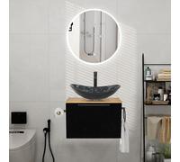 Ensemble de meubles de salle de bain de 60 cm comprenant un lavabo avec meuble sous-vasque à fixation murale. Comprend un lavabo en verre ovale, une robinetterie et un siphon, un porte-serviette et un