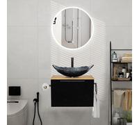 Ensemble de meubles de salle de bain de 60 cm comprenant un lavabo avec meuble sous-vasque à fixation murale. Comprend un lavabo en verre, une robinetterie et un siphon, un porte-serviette et un porte