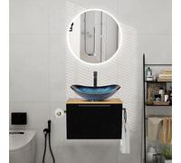 Ensemble de meubles de salle de bain de 60 cm comprenant un lavabo avec meuble sous-vasque à fixation murale. Comprend un lavabo en verre, une robinetterie et un siphon, un porte-serviette et un porte