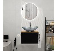 Ensemble de meubles de salle de bain de 60 cm comprenant un lavabo avec meuble sous-vasque à fixation murale. Comprend un lavabo en verre ovale, une robinetterie et un siphon, un porte-serviette et un