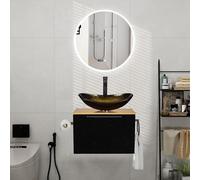 Ensemble de meubles de salle de bain de 60 cm comprenant un lavabo avec meuble sous-vasque, à fixer au mur. Comprend : lavabo en verre, robinet et bonde, porte-serviette et porte-rouleaux. Dimensions