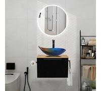 Ensemble de meubles de salle de bain de 60 cm comprenant un lavabo avec meuble sous-vasque et fixation murale. Comprend un lavabo en verre, une robinetterie et un siphon, un porte-serviette et un port