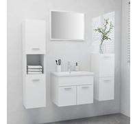 Ensemble de meubles de salle de bain en bois blanc, comprenant un meuble-lavabo, des rangements et un miroir, pour une salle de bain entièrement équipée