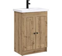 Ensemble de meubles de salle de bain en chêne artisanal, comprenant un meuble-lavabo avec vasque et robinet, un meuble sous vasque en matériau composite bois, et un meuble de salle de bain avec portes