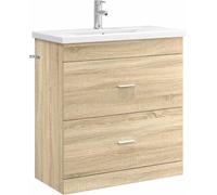 Ensemble de meubles de salle de bain en chêne Sonoma, dimensions 81 x 40 x 84,5 cm, comprenant un meuble vasque avec robinet, un meuble sous vasque avec 2 tiroirs, et un meuble de salle de bain en pan