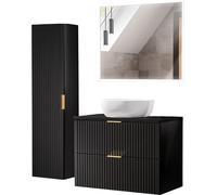 Ensemble De Meubles De Salle De Bain Noir Mat Avec Lavabo, Miroir Led Et Colonne