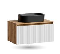 Ensemble de meubles de salle de bain Planetmöbel Arisa, lavabo de 80 cm en or blanc clair (avec nervures), lavabo de 55 cm noir, incl. siphon économe en espace