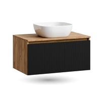 Ensemble de meubles de salle de bain Planetmöbel Arisa - Lavabo de 80 cm en or chêne noir (côtelé), vasque de 42 cm blanche, avec siphon économiseur d'espace inclus