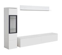 Ensemble de meubles de salon : 1 meuble TV, 1 vitrine, 1 étagère murale avec éclairage LED, blanc brillant