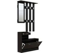 HOMCOM Ensembles 3 en 1 de Meuble d'entrée vestiaire avec Panneau Porte-Manteau, Miroir et Banc à Chaussures - 6 Crochets et étagère réglable, Noir