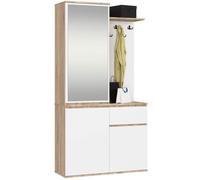Ensemble de meubles d'entrée ENTRO Chêne Sonoma, Blanc avec armoire et miroir 95 cm 3 portes 1 tiroir 7 étagères 95x35x183 cm