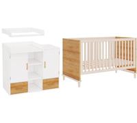 Ensemble de meubles pour bébé en bois massif/MDF - 2 pièces - Table à langer sur roulettes (114 x 53 x 92 cm) - Lit bébé (70 x 140 x 87 cm) - Housse rabattable - Plateaux amovibles - Blanc naturel